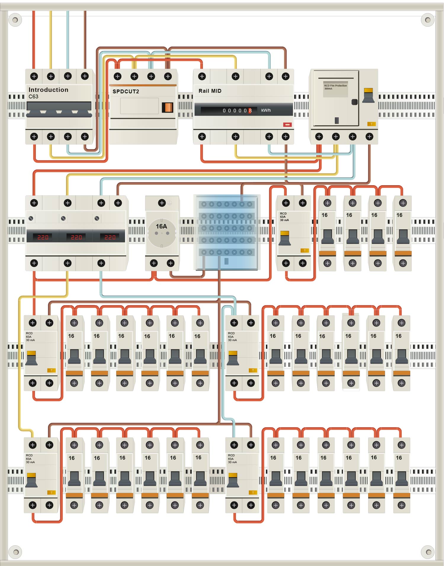 A calculated electrical panel with protective devices and routed wiring